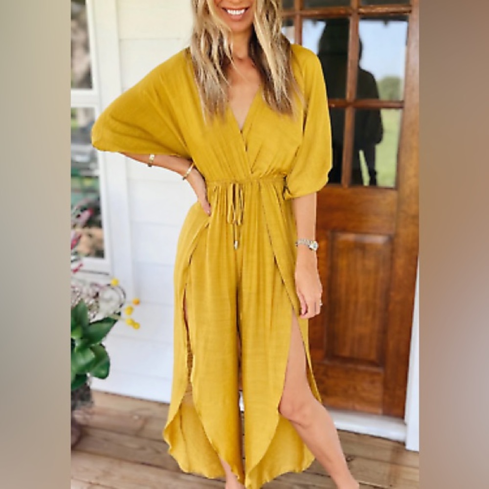 Yellow Surplice V Neck Half Sleeves Slit Leg Jumpsuit ☀️☀️